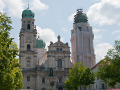 The facade of Stephansdom (Saint Stephan's Cathedral) in Passau, home to the largest pipe organ in Europe.